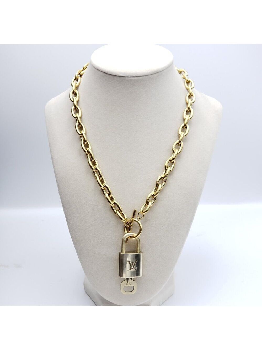 Authentic Louis Vuitton Gold Padlock w/Unbranded Stainless Steel Chain Necklace